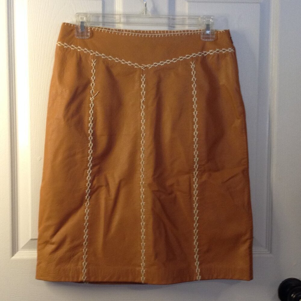 VTG 2002 Leather Skirt Gap Khakis Camel "2" Jute Whip Stitch Y2K Quiet Lux Chic